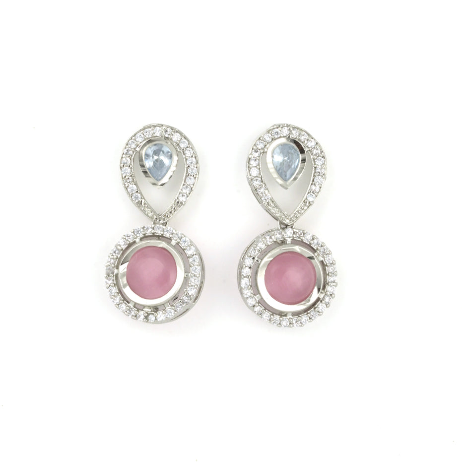 Rhodium Plated Floral Pink Stone Locket Set