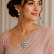 Rhodium Plated Floral Pink Stone Locket Set
