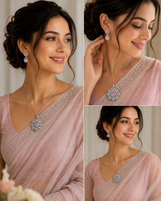 Rhodium Plated Floral Pink Stone Locket Set