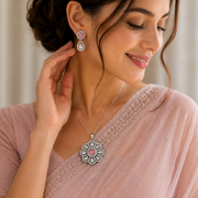 Rhodium Plated Floral Pink Stone Locket Set