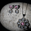 Rhodium Plated Floral Pink Stone Locket Set