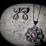 Rhodium Plated Floral Pink Stone Locket Set
