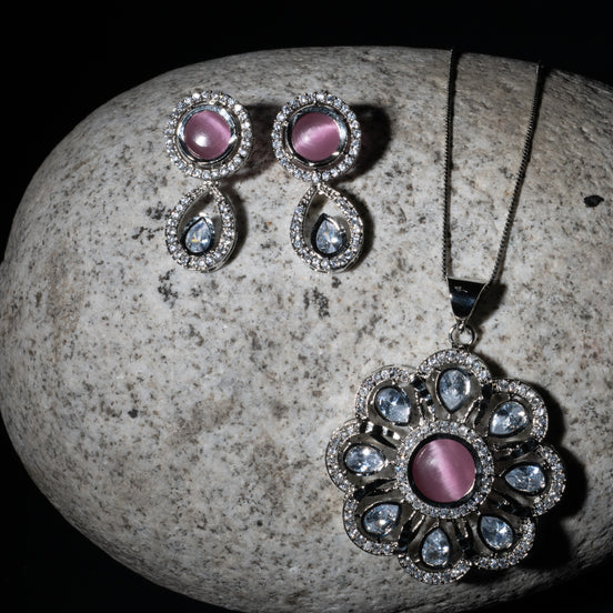 Rhodium Plated Floral Pink Stone Locket Set