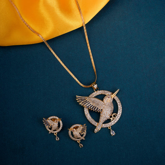 Humming Bird Gold Plated AD Locket Set with Earrings