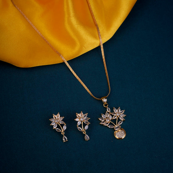 Floral Enchanted Gold Plated AD Locket Set with Earrings