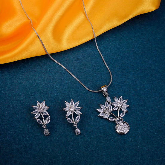 Floral Enchanted Rhodium Plated AD Locket Set with Earrings