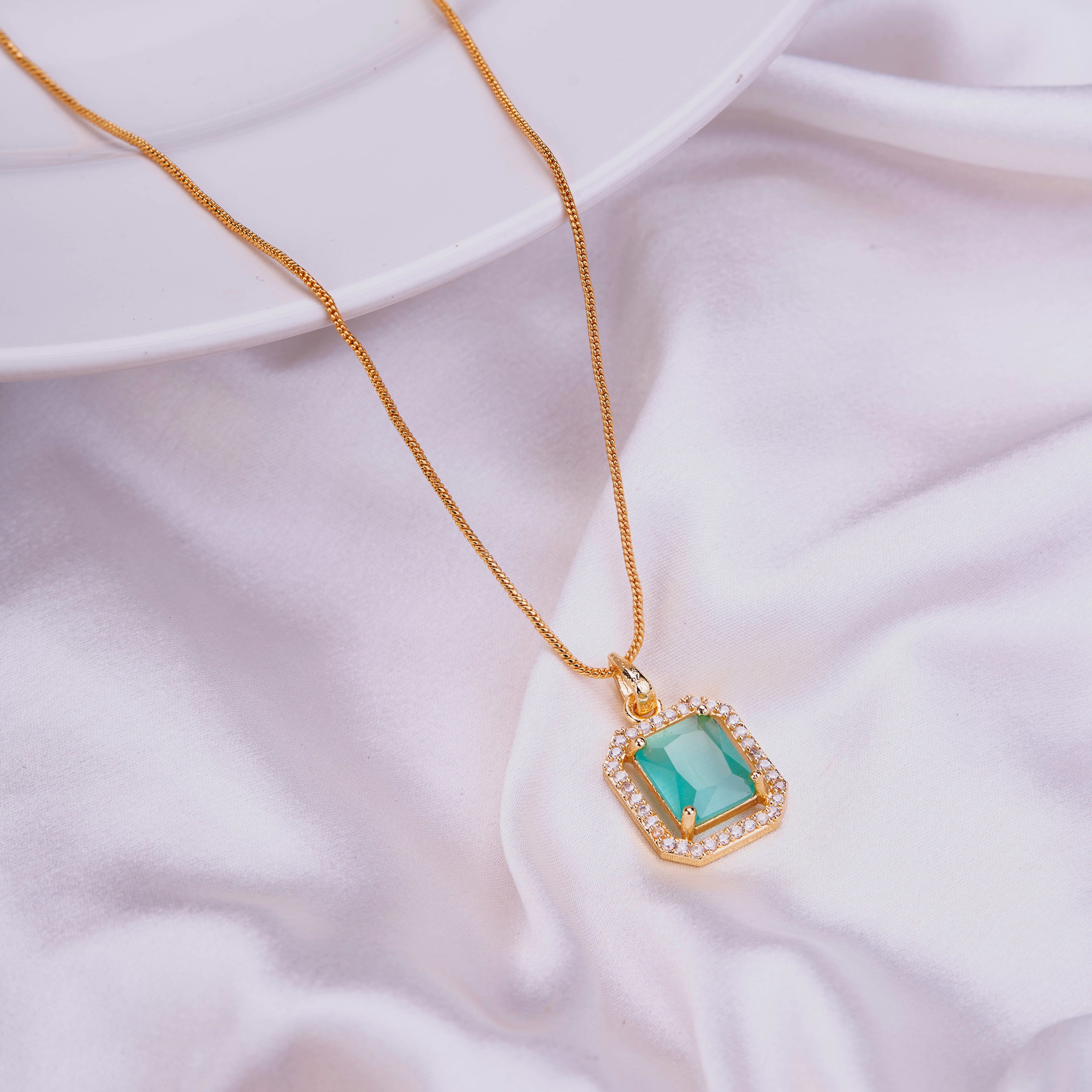 Gold Plated Octagon Stone Pendant with chain-Mint Green