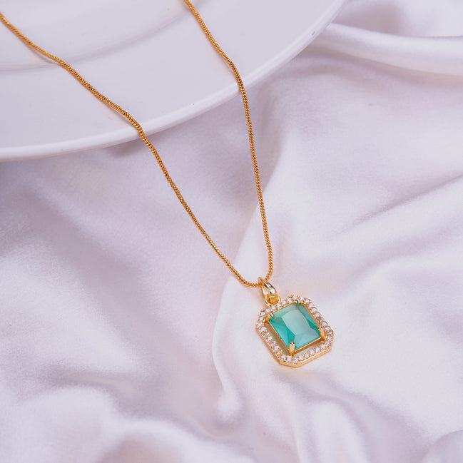Gold Plated Octagon Stone Pendant with chain-Mint Green
