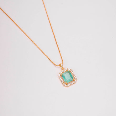 Gold Plated Octagon Stone Pendant with chain-Mint Green