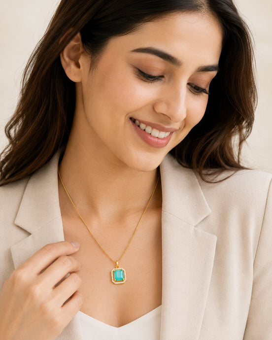 Gold Plated Octagon Stone Pendant with chain-Mint Green