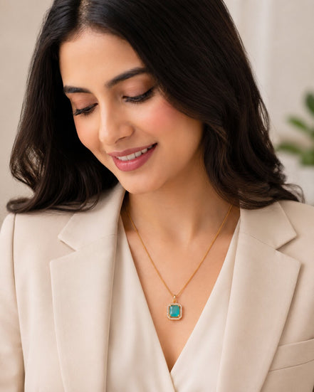Gold Plated Octagon Stone Pendant with chain-Mint Green
