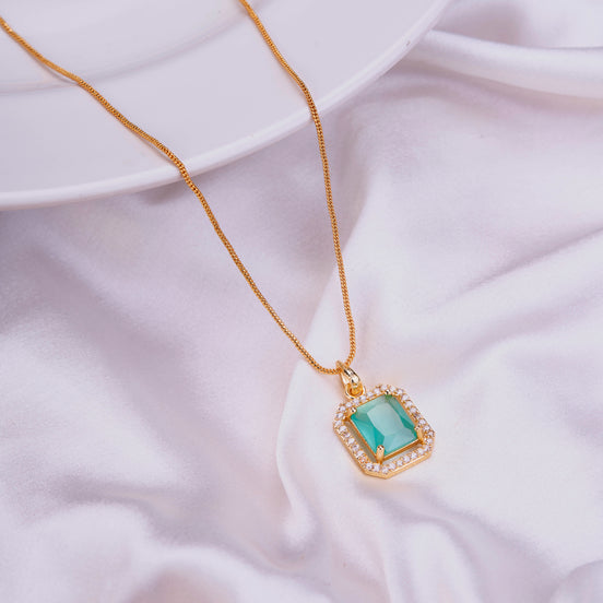 Gold Plated Octagon Stone Pendant with chain-Mint Green