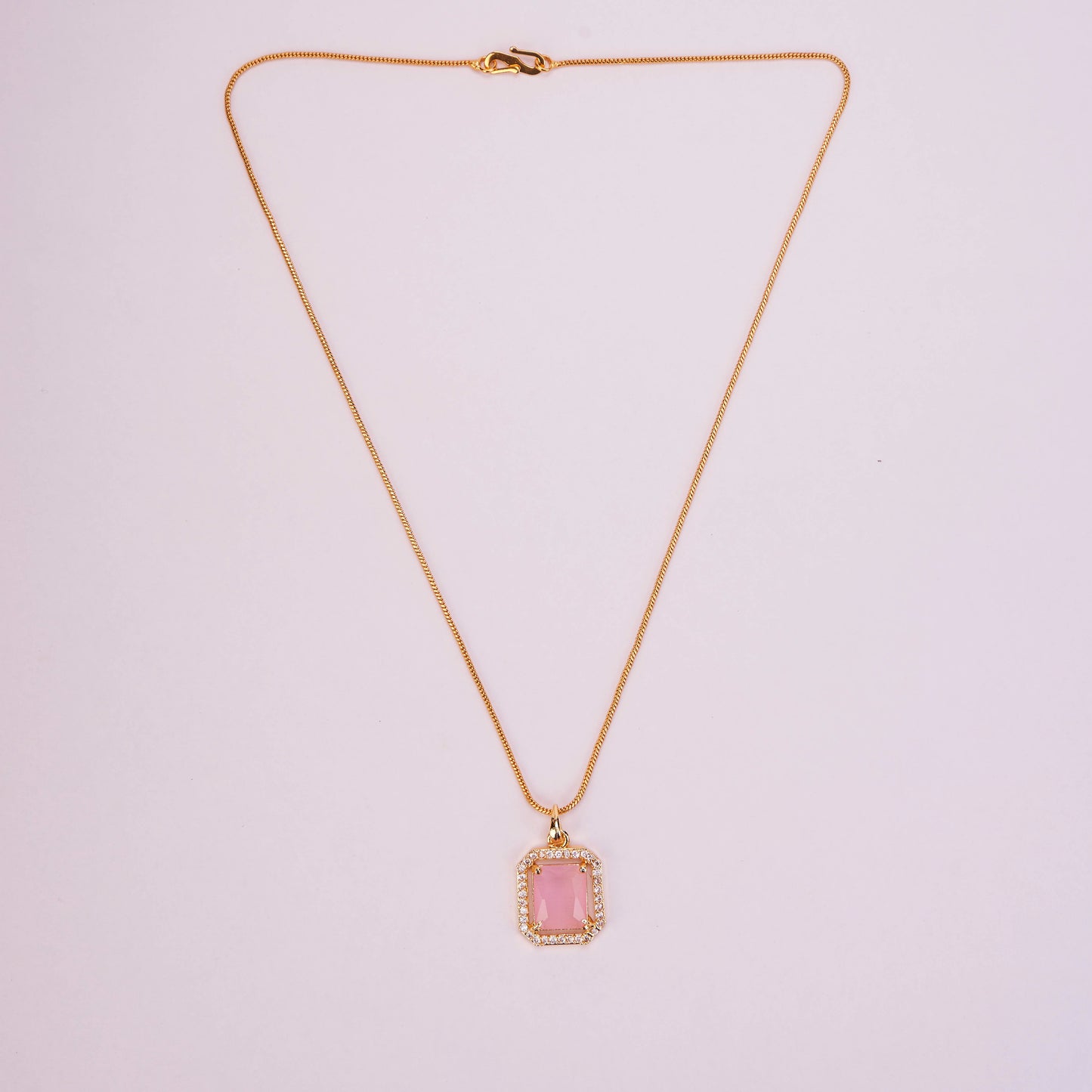 Gold Plated Octagon Stone Pendant with chain-Mint Pink