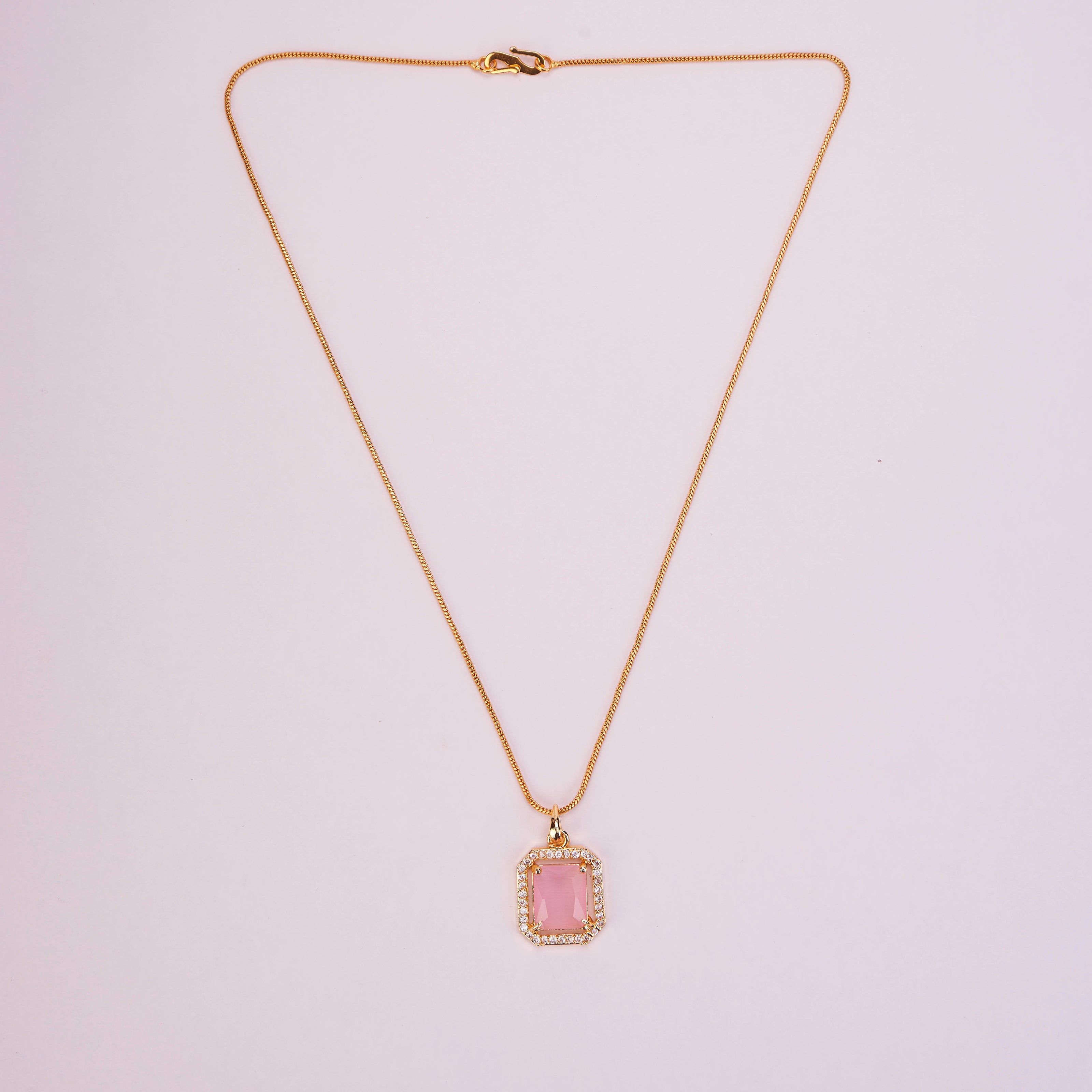 Gold Plated Octagon Stone Pendant with chain-Mint Pink