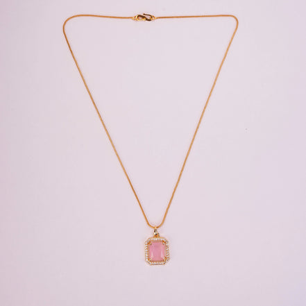 Gold Plated Octagon Stone Pendant with chain-Mint Pink