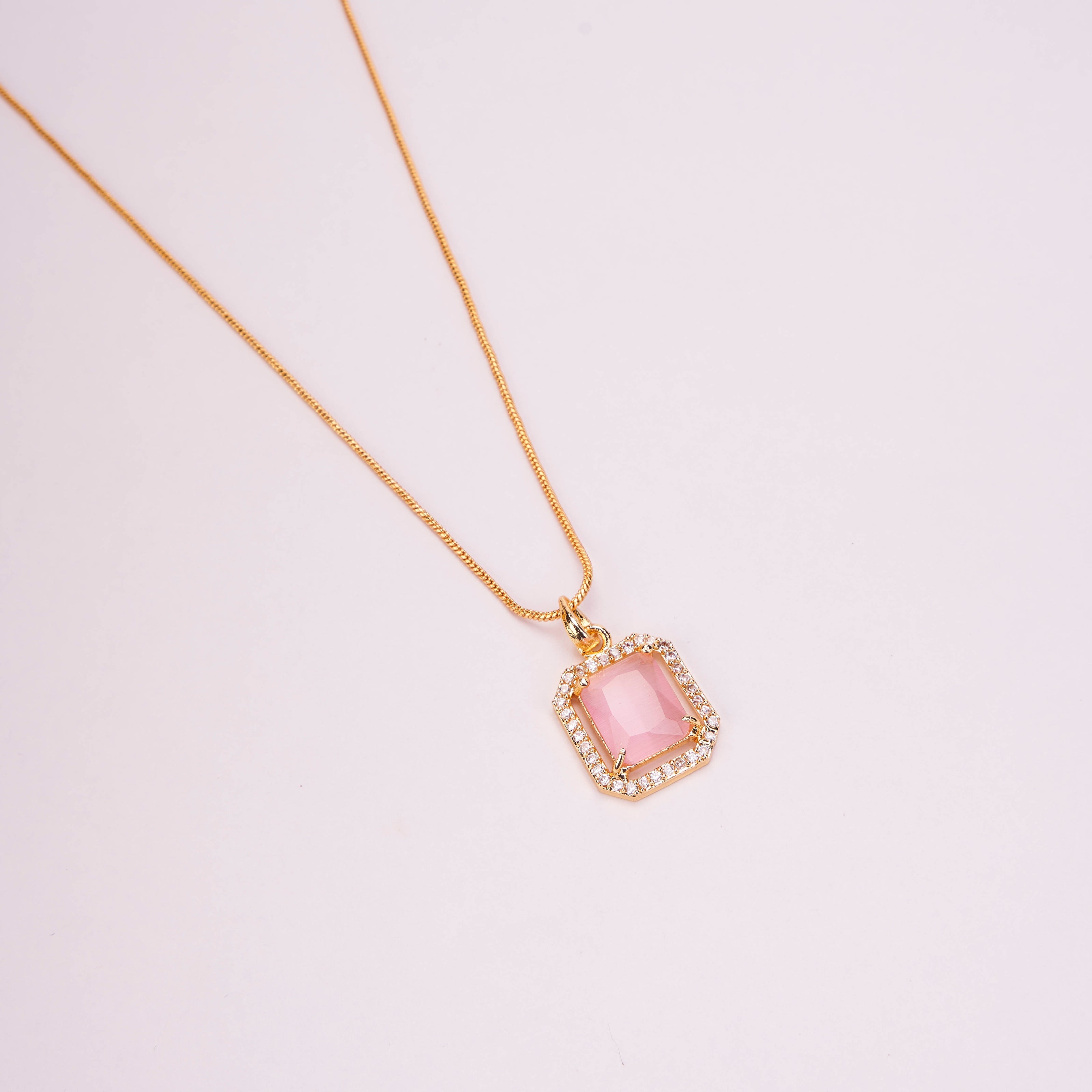 Gold Plated Octagon Stone Pendant with chain-Mint Pink