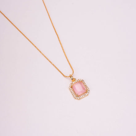 Gold Plated Octagon Stone Pendant with chain-Mint Pink
