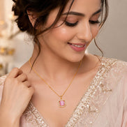 Gold Plated Octagon Stone Pendant with chain-Mint Pink