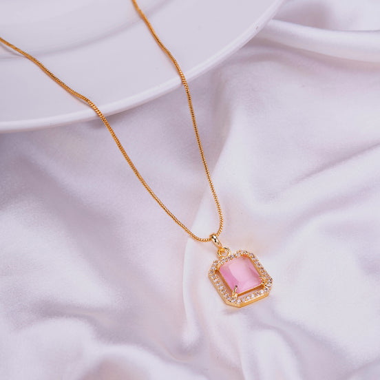 Gold Plated Octagon Stone Pendant with chain-Mint Pink