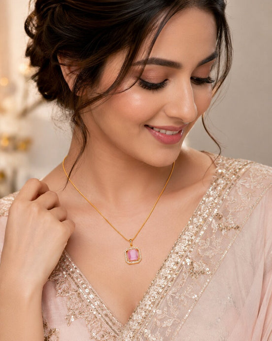 Gold Plated Octagon Stone Pendant with chain-Mint Pink