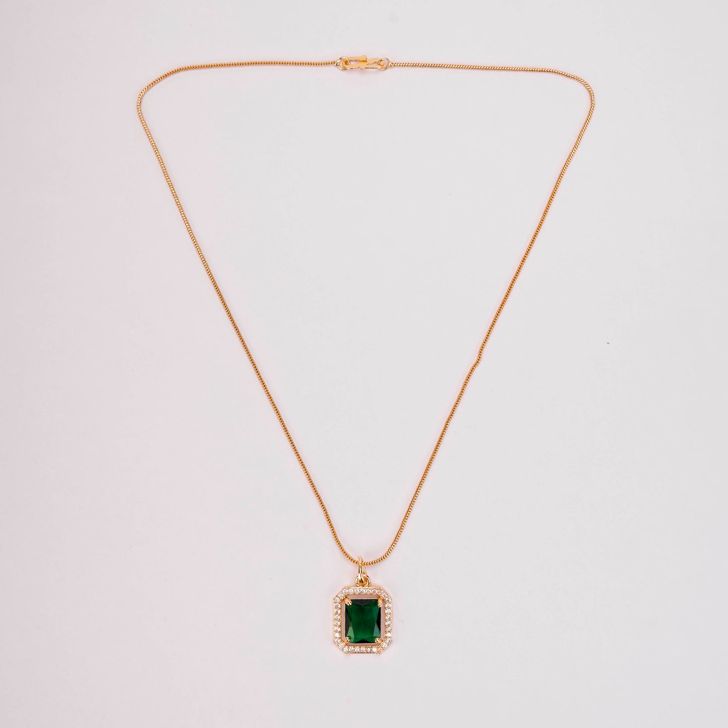 Gold Plated Octagon Stone Pendant with chain-Crystal Green