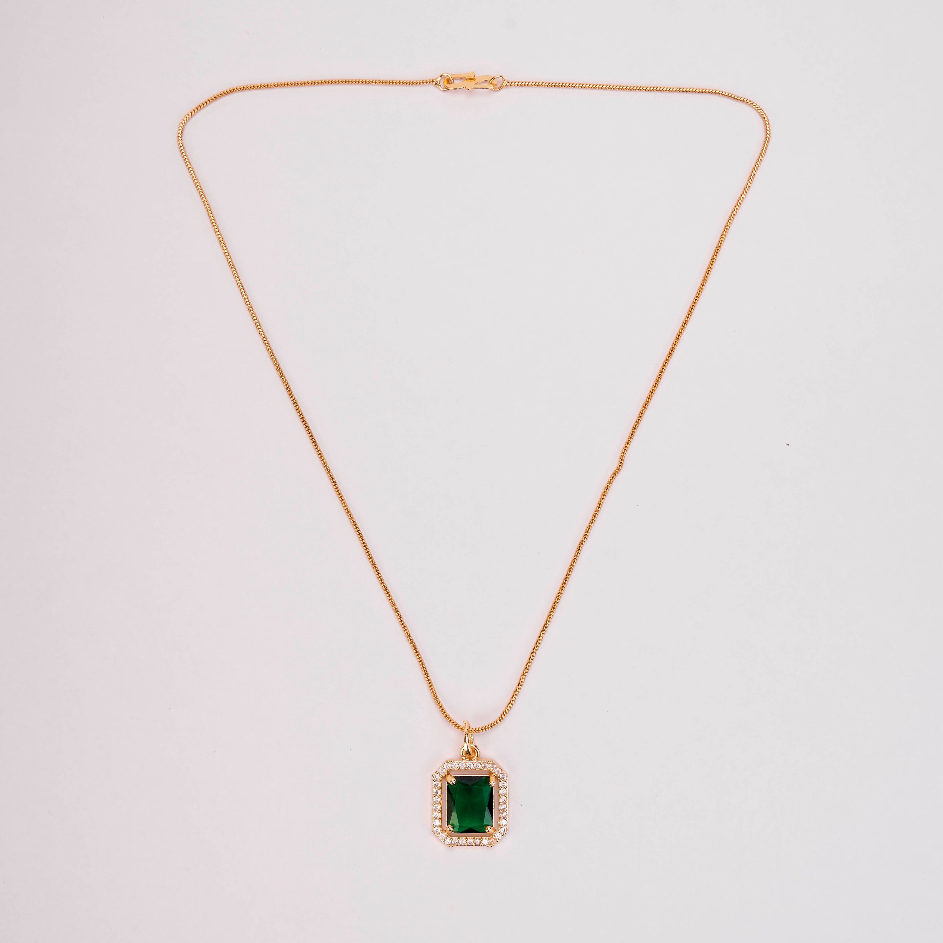 Gold Plated Octagon Stone Pendant with chain-Crystal Green