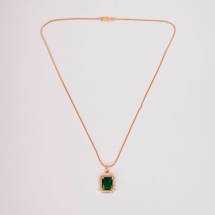 Gold Plated Octagon Stone Pendant with chain-Crystal Green