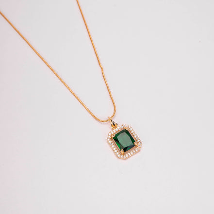 Gold Plated Octagon Stone Pendant with chain-Crystal Green