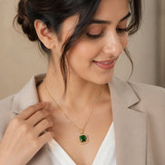 Gold Plated Octagon Stone Pendant with chain-Crystal Green