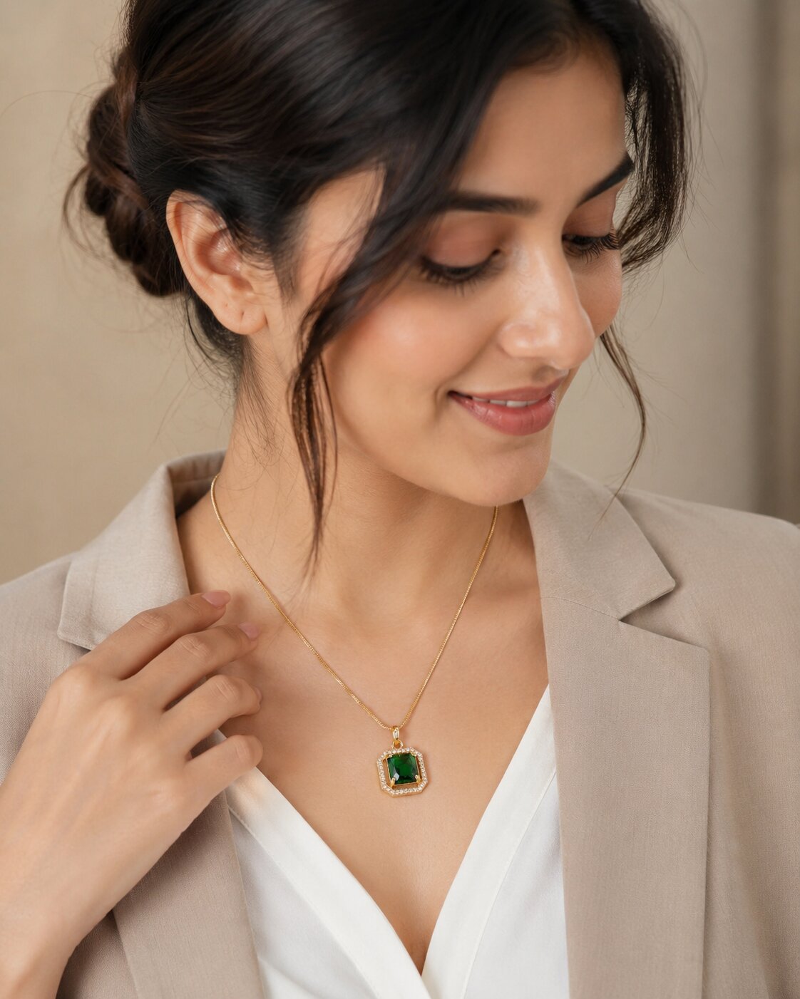 Gold Plated Octagon Stone Pendant with chain-Crystal Green