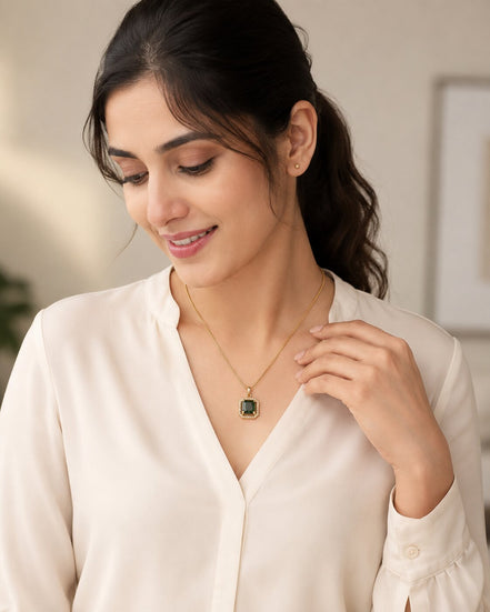 Gold Plated Octagon Stone Pendant with chain-Crystal Green