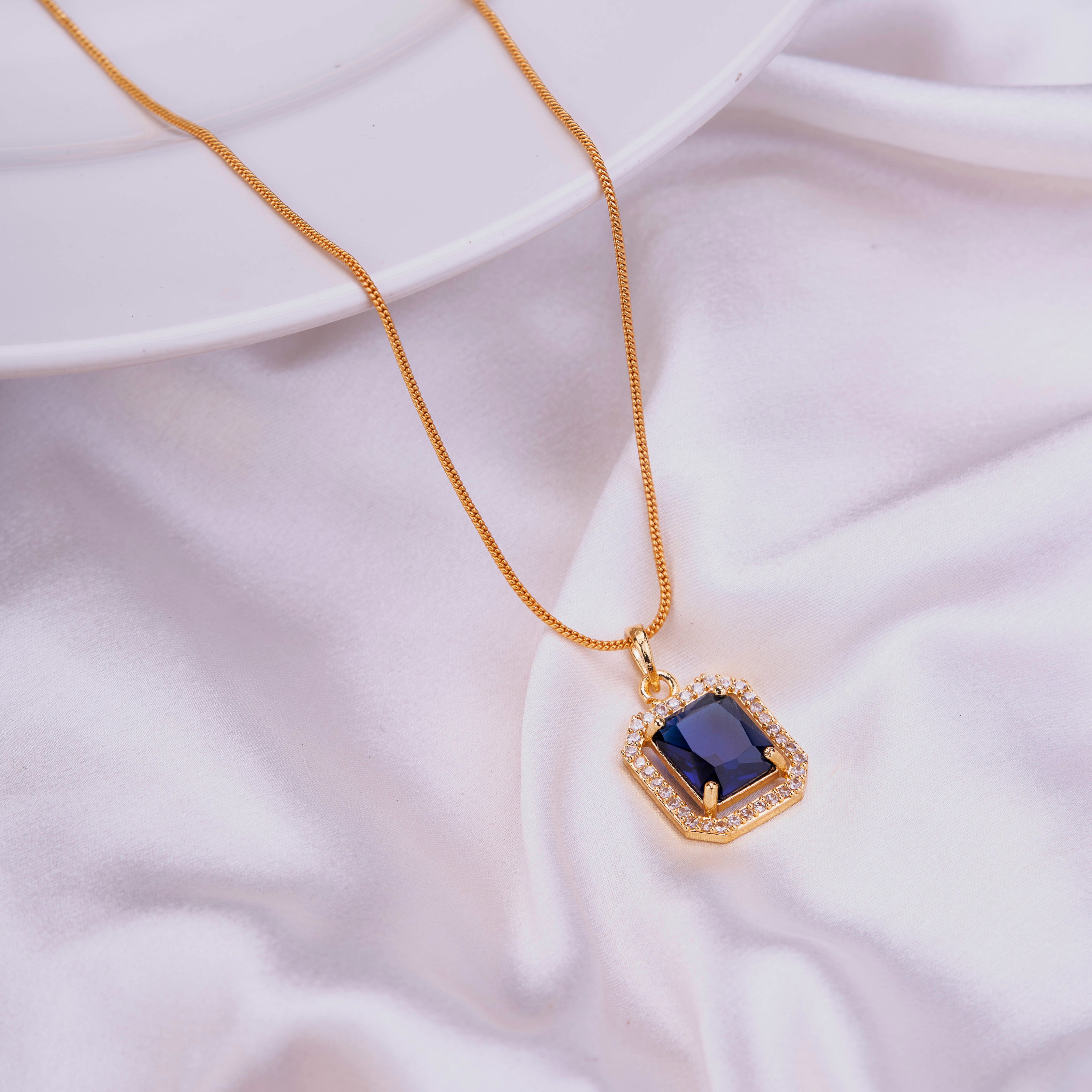 Gold Plated Octagon Stone Pendant with chain-Crystal Blue