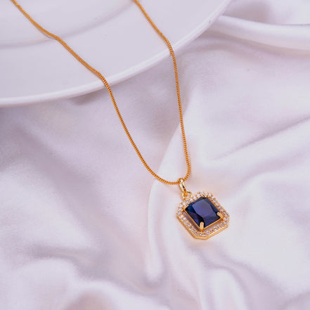 Gold Plated Octagon Stone Pendant with chain-Crystal Blue