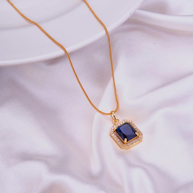 Gold Plated Octagon Stone Pendant with chain-Crystal Blue