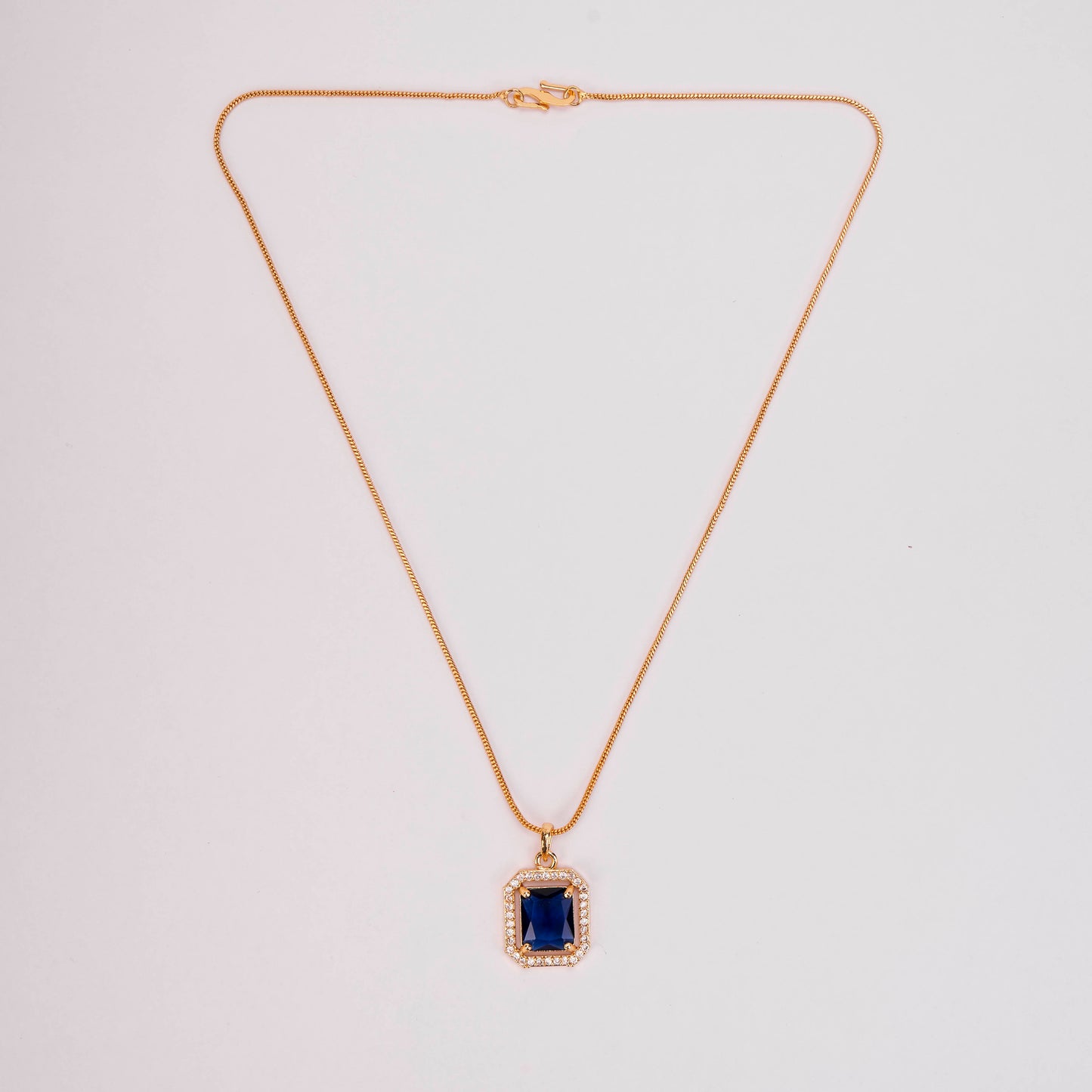 Gold Plated Octagon Stone Pendant with chain-Crystal Blue