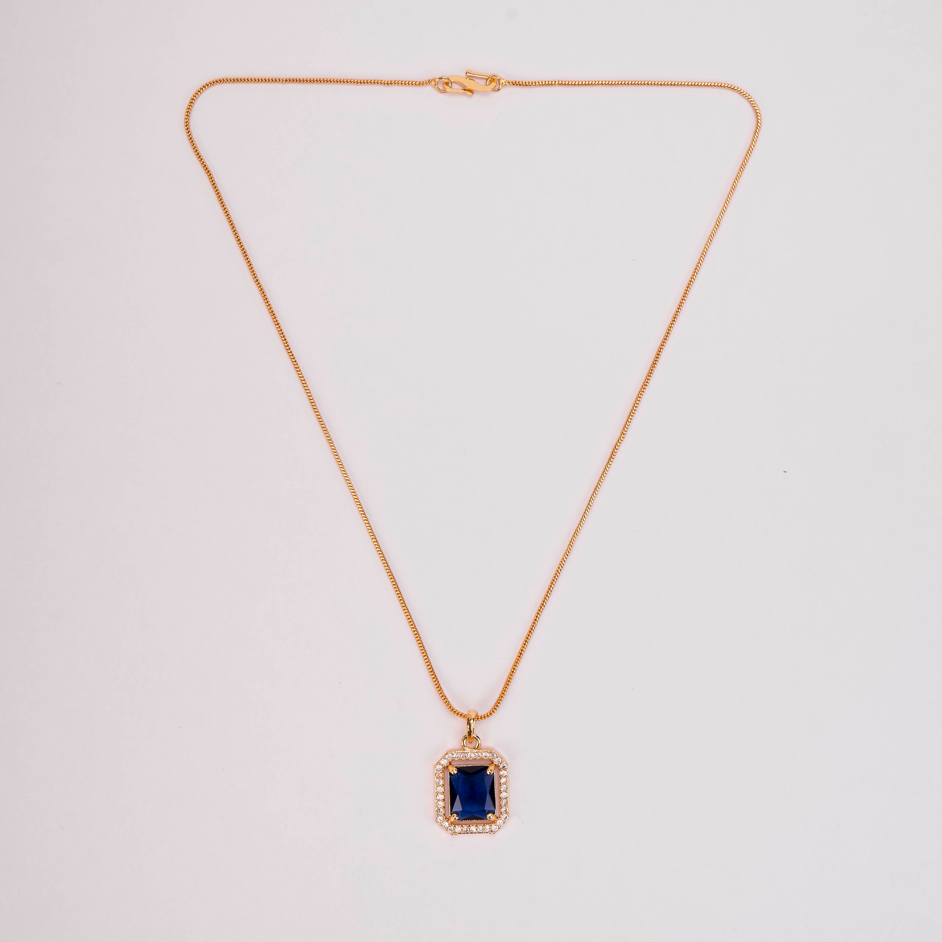 Gold Plated Octagon Stone Pendant with chain-Crystal Blue