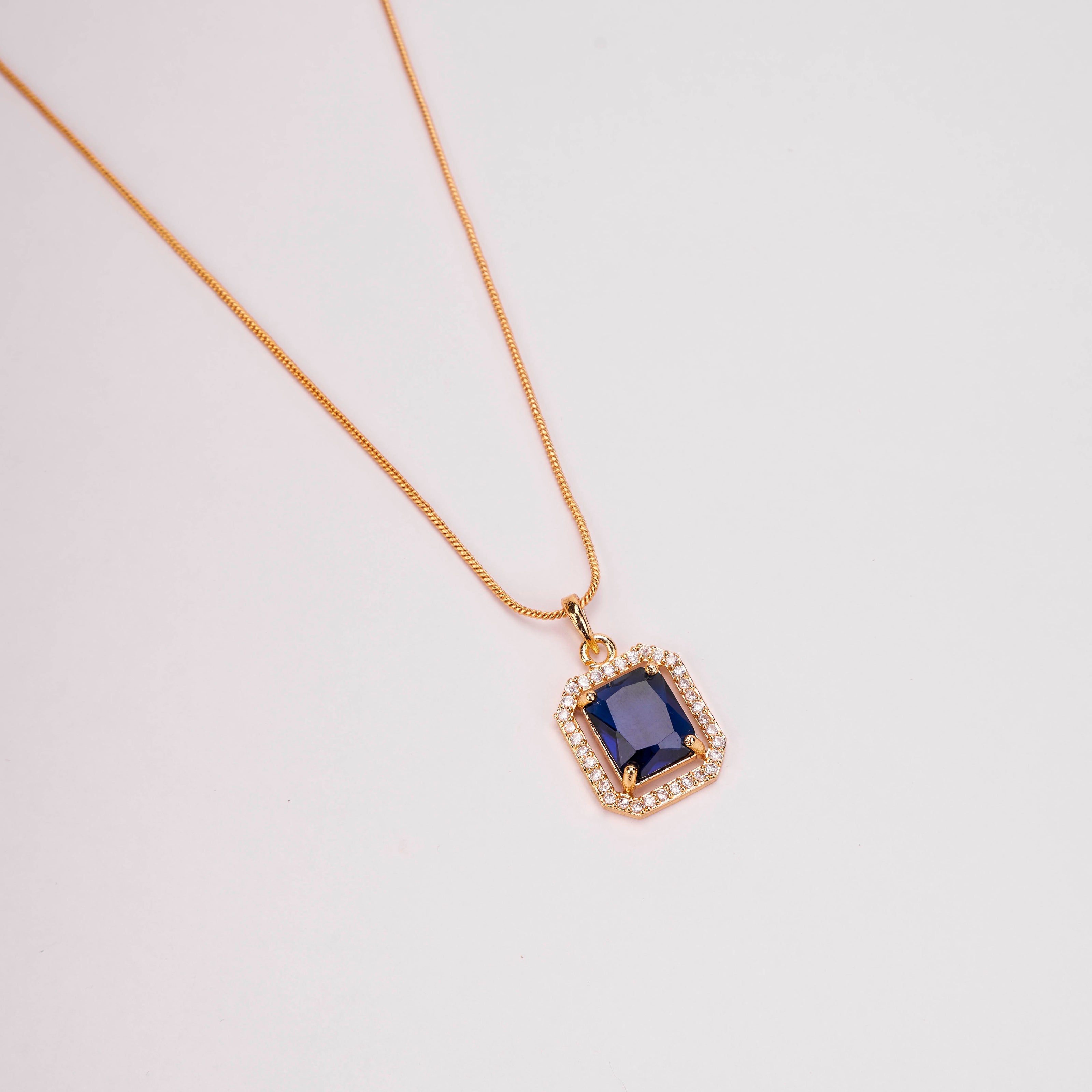 Gold Plated Octagon Stone Pendant with chain-Crystal Blue