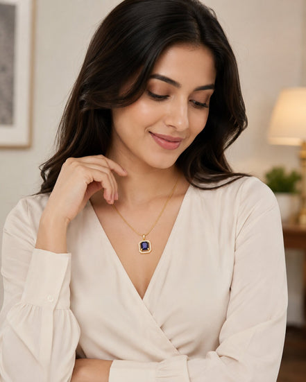 Gold Plated Octagon Stone Pendant with chain-Crystal Blue
