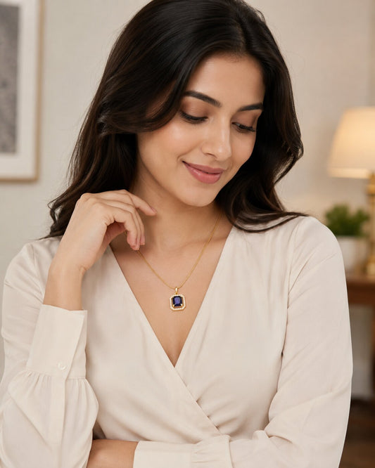 Gold Plated Octagon Stone Pendant with chain-Crystal Blue