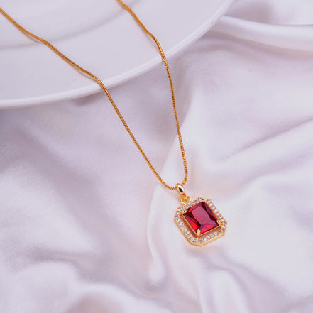Gold Plated Octagon Stone Pendant with chain-Crystal Red