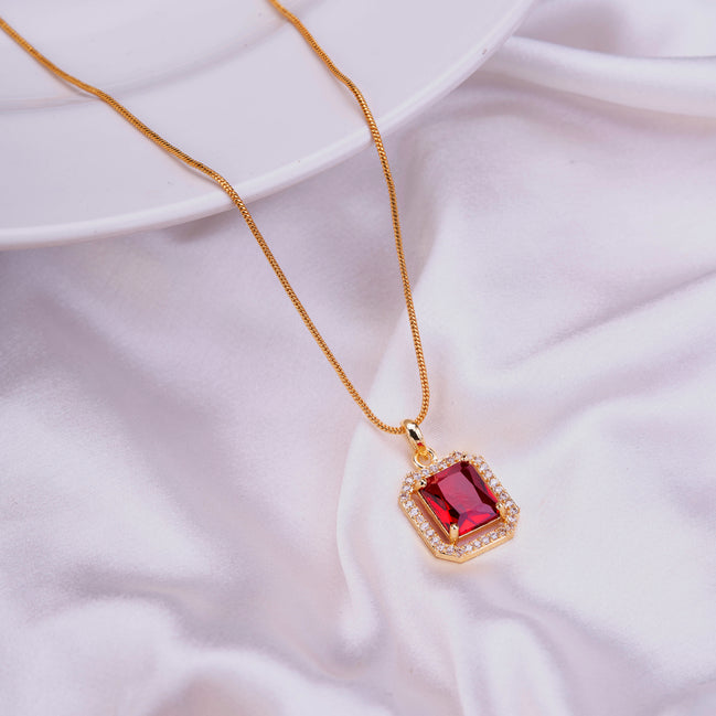 Gold Plated Octagon Stone Pendant with chain-Crystal Red
