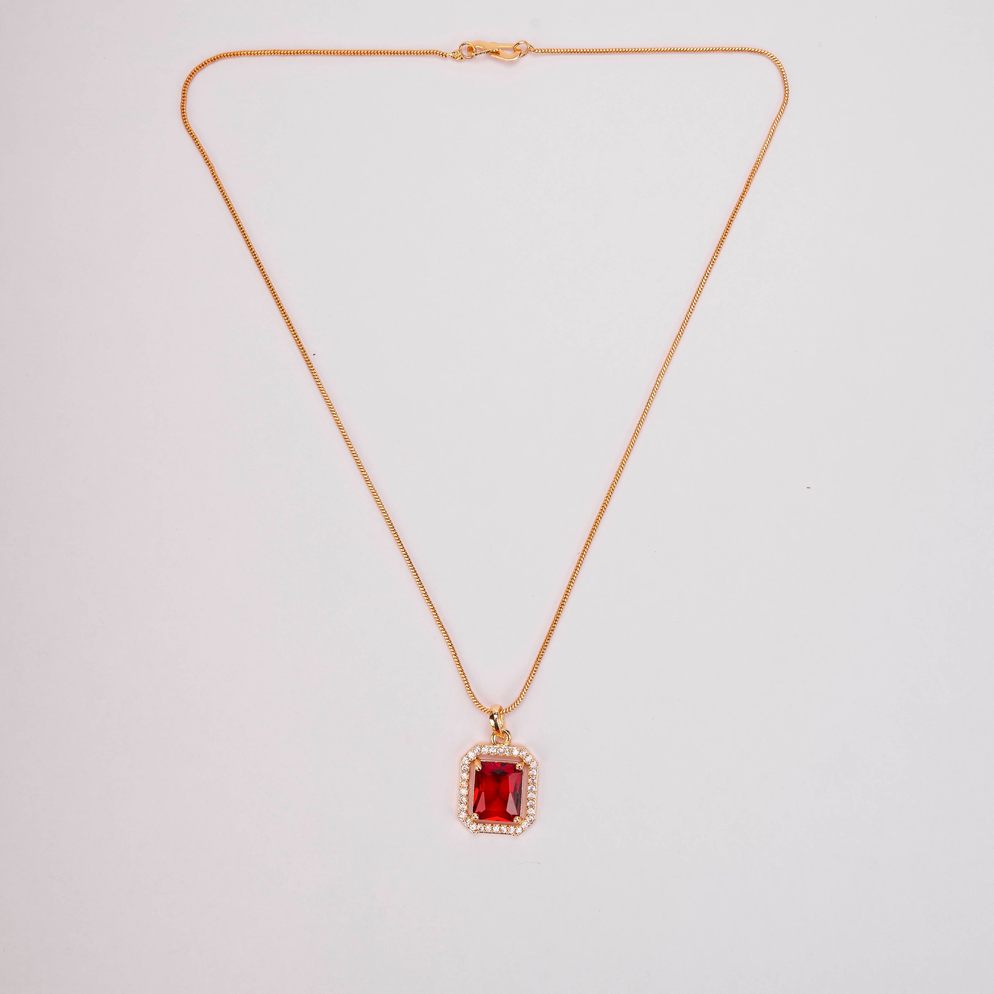 Gold Plated Octagon Stone Pendant with chain-Crystal Red