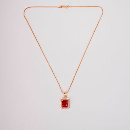 Gold Plated Octagon Stone Pendant with chain-Crystal Red