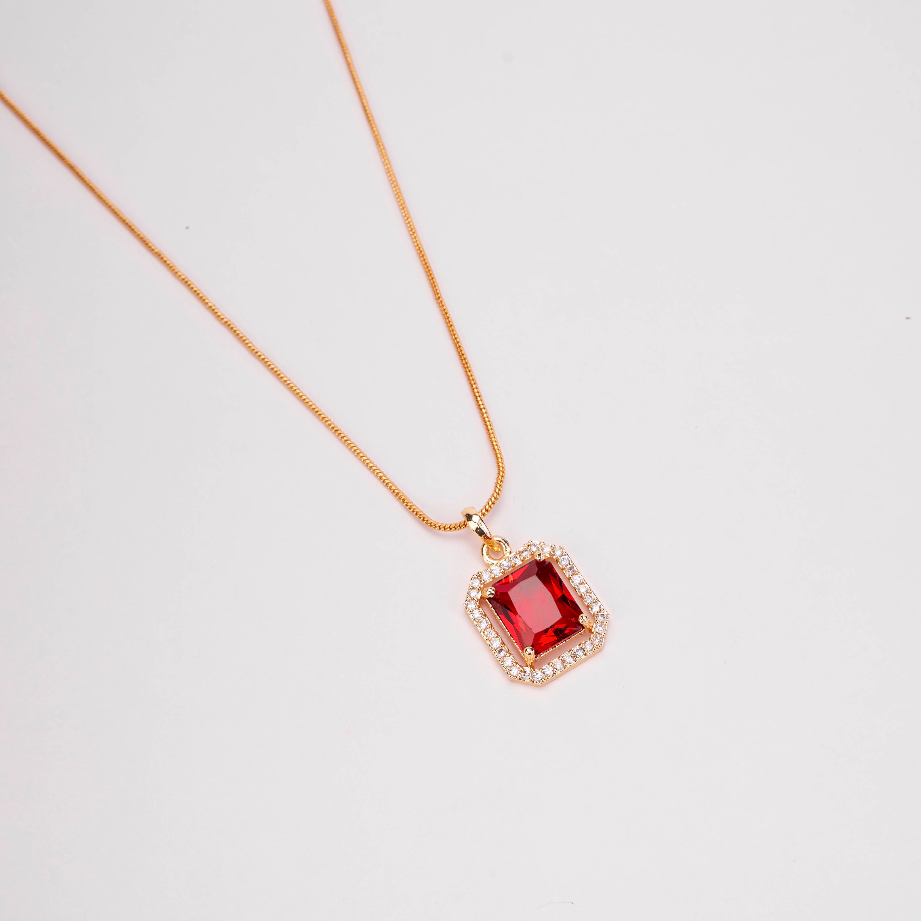 Gold Plated Octagon Stone Pendant with chain-Crystal Red