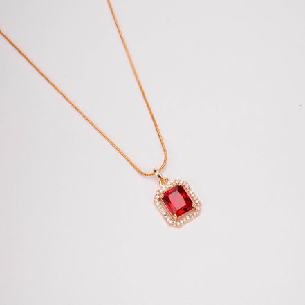 Gold Plated Octagon Stone Pendant with chain-Crystal Red