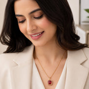 Gold Plated Octagon Stone Pendant with chain-Crystal Red