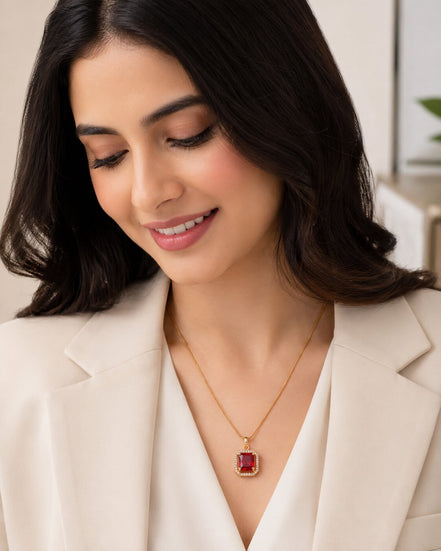Gold Plated Octagon Stone Pendant with chain-Crystal Red