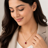 Gold Plated Octagon Stone Pendant with chain-Crystal Red