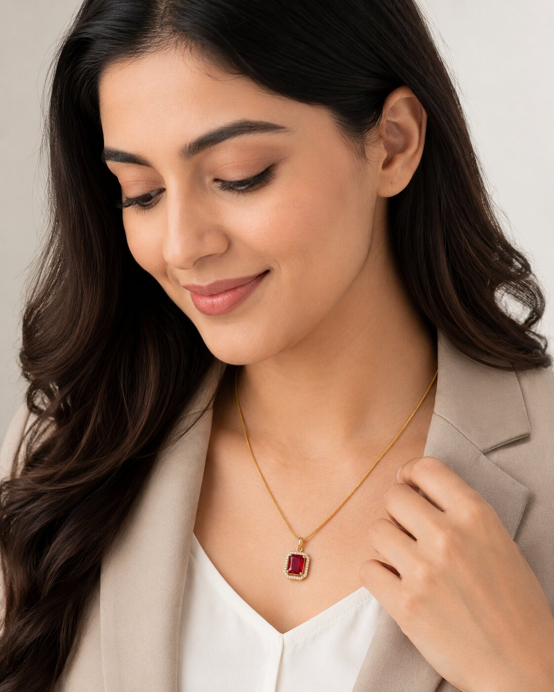 Gold Plated Octagon Stone Pendant with chain-Crystal Red