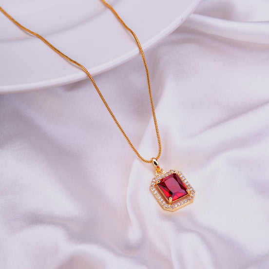 Gold Plated Octagon Stone Pendant with chain-Crystal Red